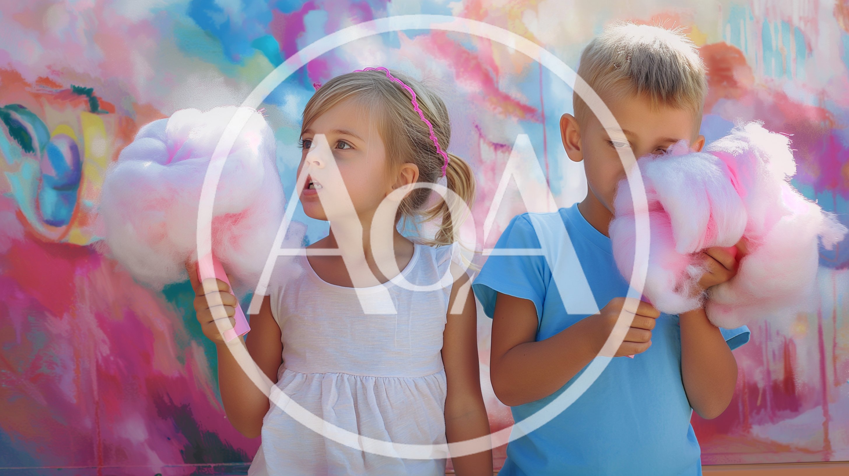 Young Children Eating Pink Cotton Candy Against Colorful Wall