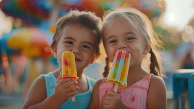 Two Young Children Eating Colorful Popsicles at a Fair