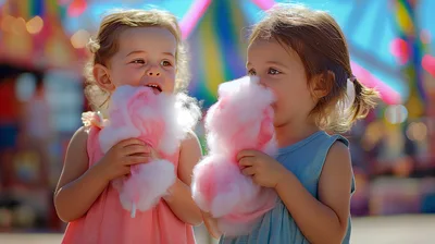 Two Young Girls Eating Pink Cotton Candy at Carnival