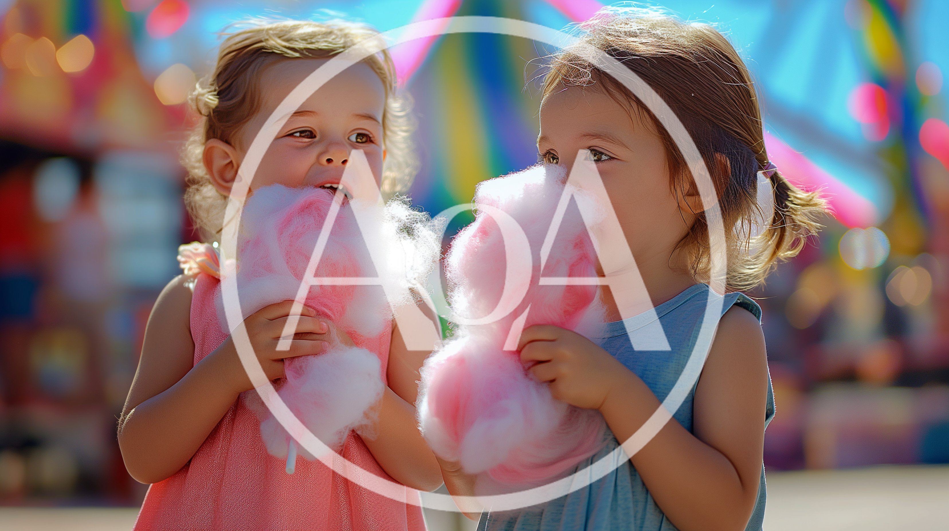 Two Young Girls Eating Pink Cotton Candy at Carnival