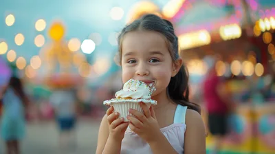Young Girl Eating A Cupcake At A Carnival