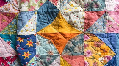 Colorful Patchwork Quilt With Intricate Geometric Fabric Patterns