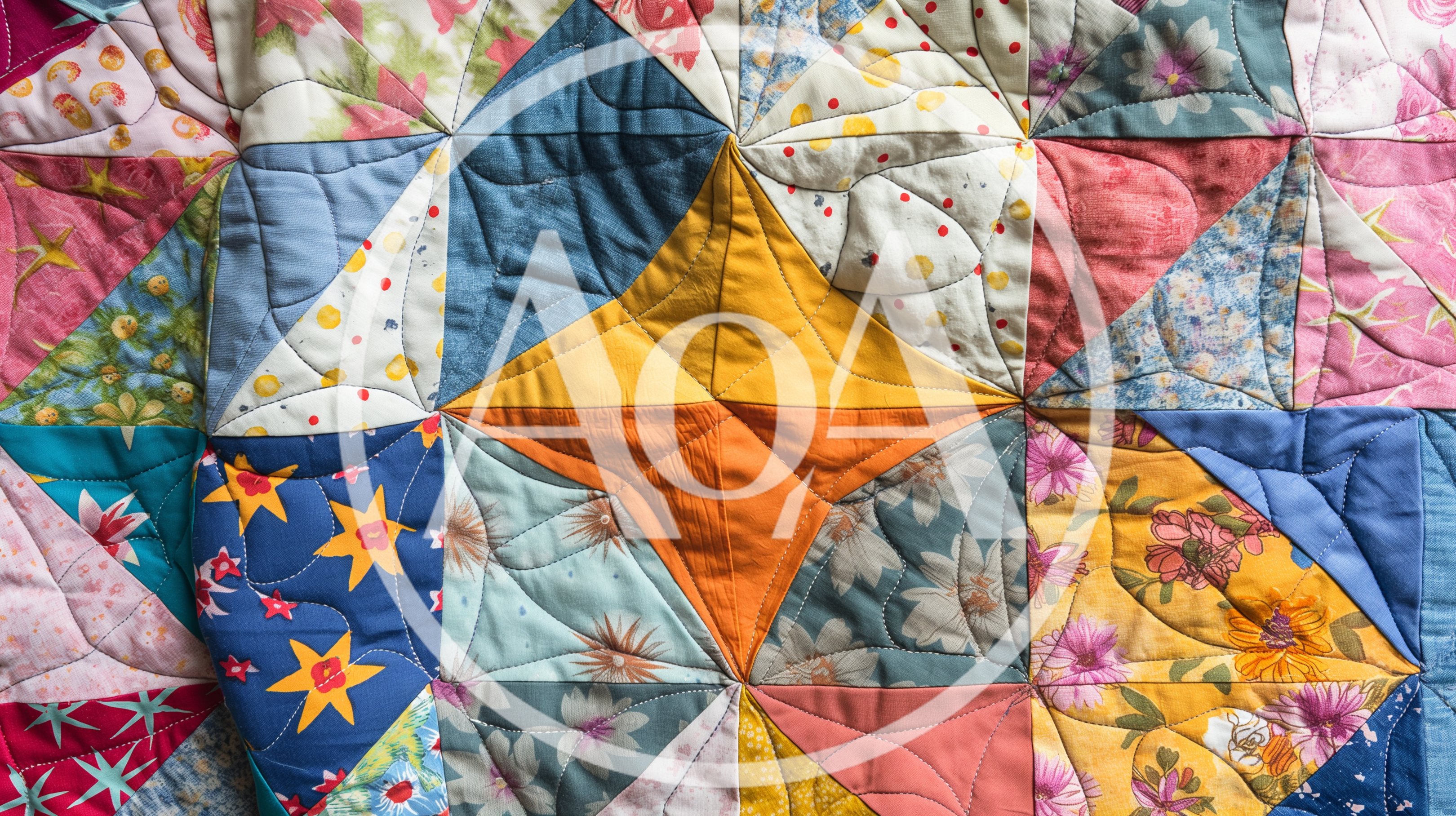 Colorful Patchwork Quilt With Intricate Geometric Fabric Patterns