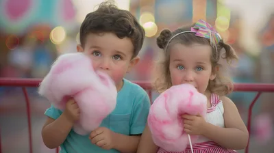 Young Children Eating Pink Cotton Candy at Carnival