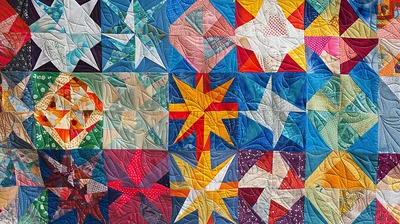 Handmade Patchwork Quilt With Colorful Geometric Star Patterns