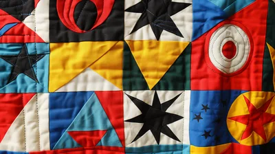 Handmade Geometric Patchwork Quilt With Colorful Fabric Patterns