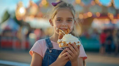Young Girl Eating Funnel Cake at a Carnival