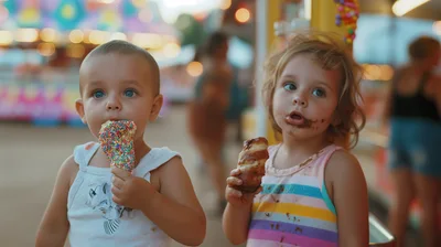 Two Toddlers Eating Treats at a Carnival