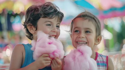 Two Happy Children Eating Pink Cotton Candy