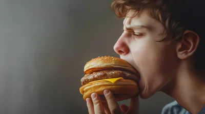 Young Man Eating A Cheeseburger With Intense Expression