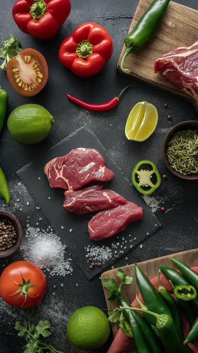 Raw Beef Steaks With Fresh Vegetables And Spices