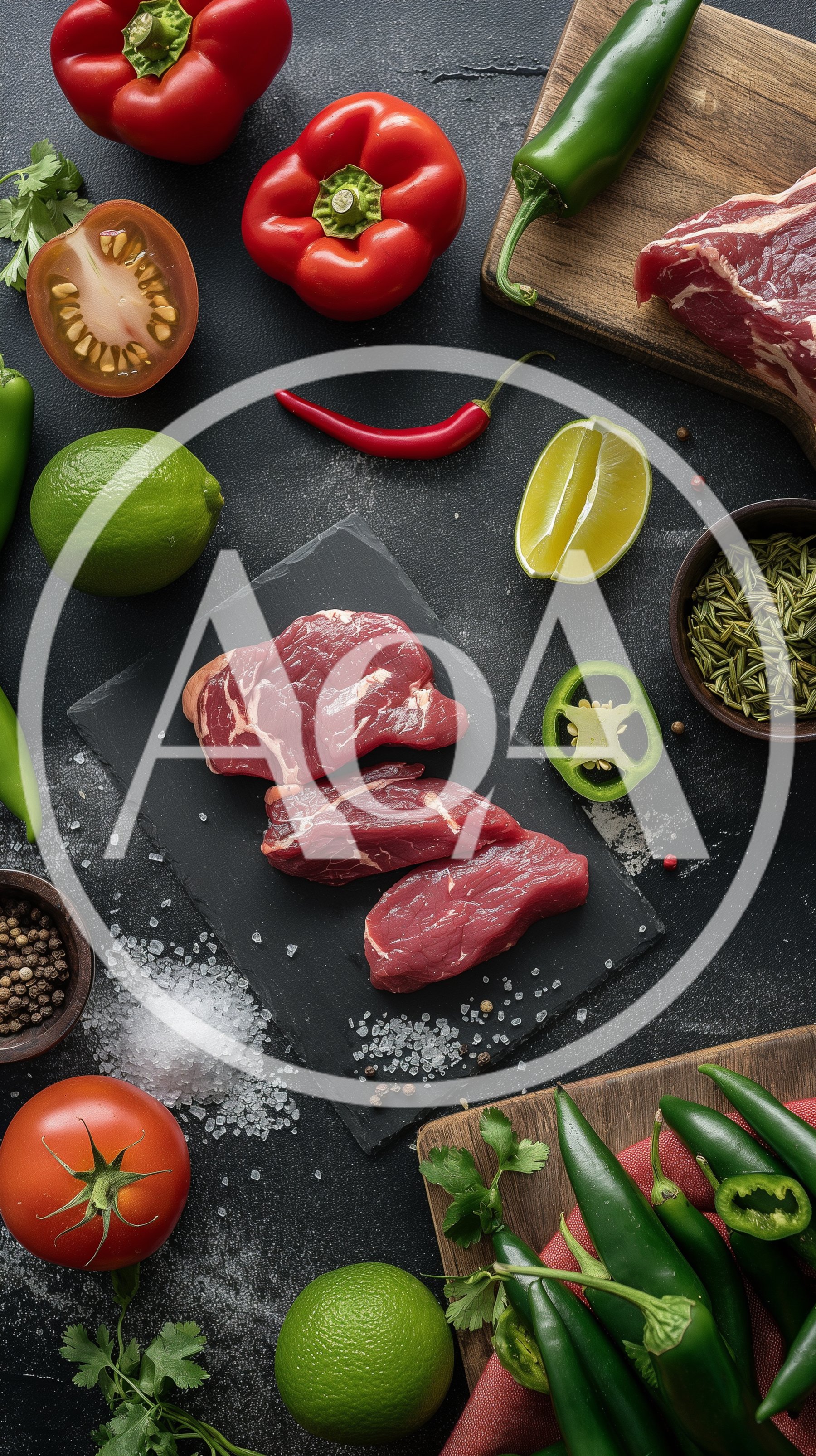 Raw Beef Steaks With Fresh Vegetables And Spices