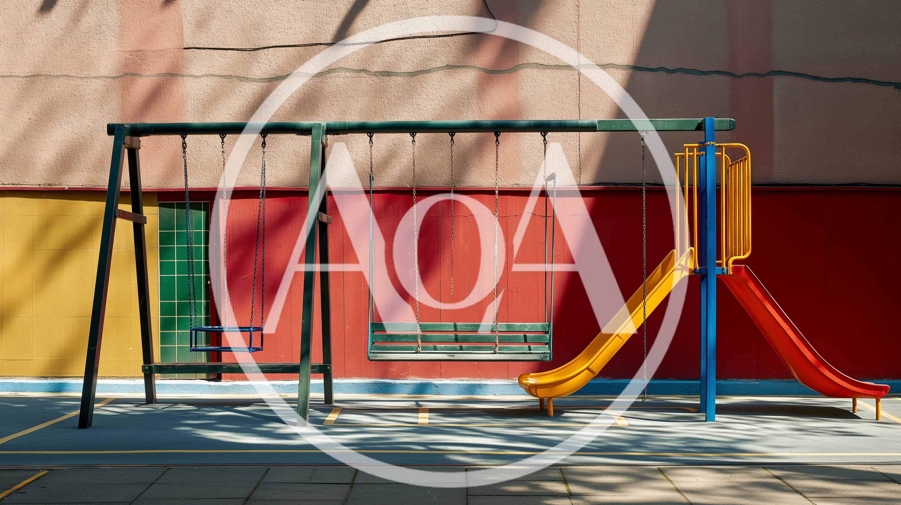 Empty Playground Swings and Slides Against Colorful Wall