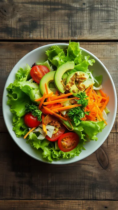 Fresh Vegetable Salad Bowl on Rustic Wooden Table