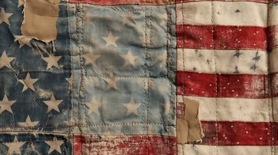 Close Up Of Distressed Vintage American Flag Quilt