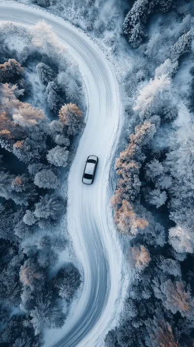 Aerial View Of A Car Driving On Snowy Road