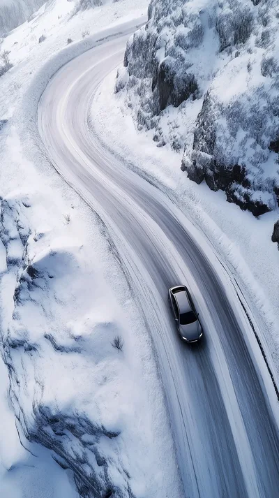 Aerial View Of A Car Driving On Snowy Road