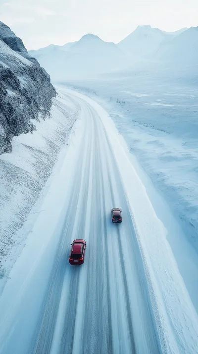 Two Cars Driving On A Snowy Mountain Road