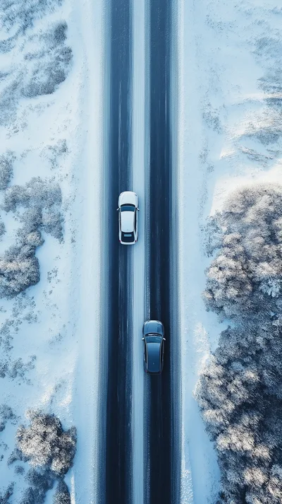 Aerial View Of Two Cars Driving On Snowy Road