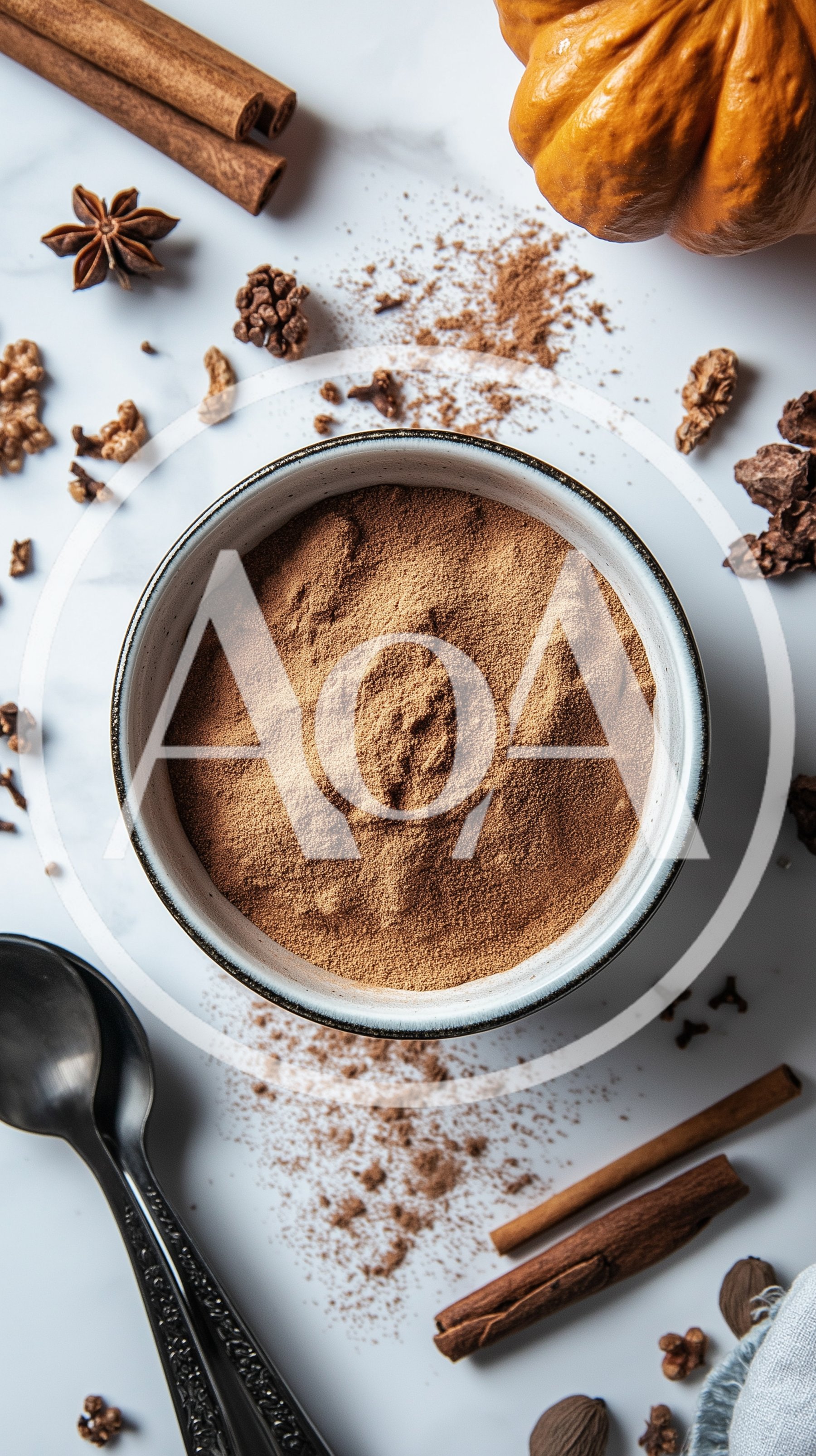 Bowl of Pumpkin Spice Powder with Cinnamon Sticks