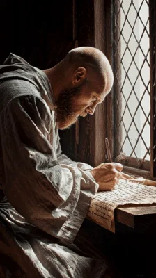 Monk Writing On Parchment By Window Light