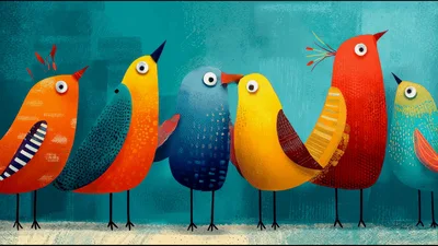 Colorful Stylized Birds Moving In A Row
