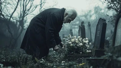 Elderly Man Mourning at a Grave in Foggy Cemetery