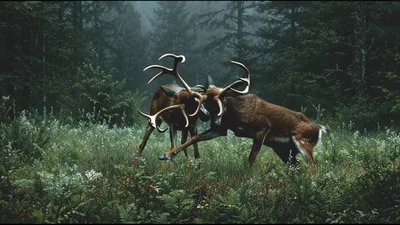 Two Large Bucks Fighting In A Misty Forest