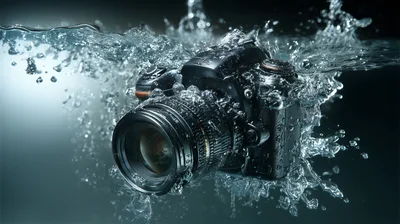 Professional DSLR Camera Submerged In Splashing Water