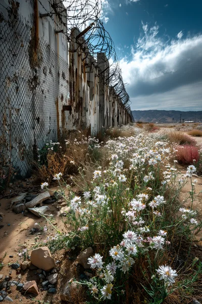 Wildflowers Growing Along A Barbed Wire Border Fence