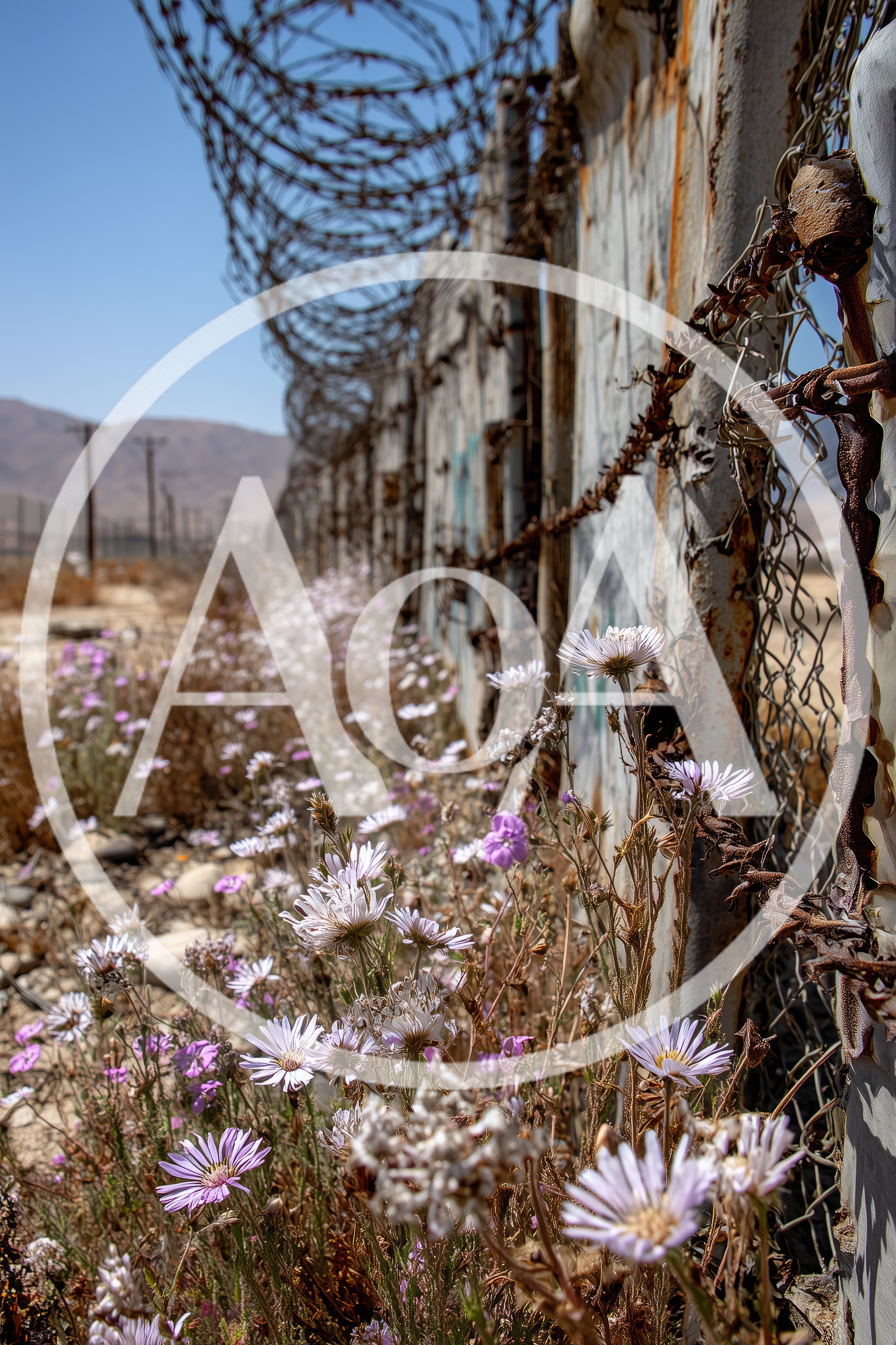 Wildflowers Growing Along A Barbed Wire Border Fence