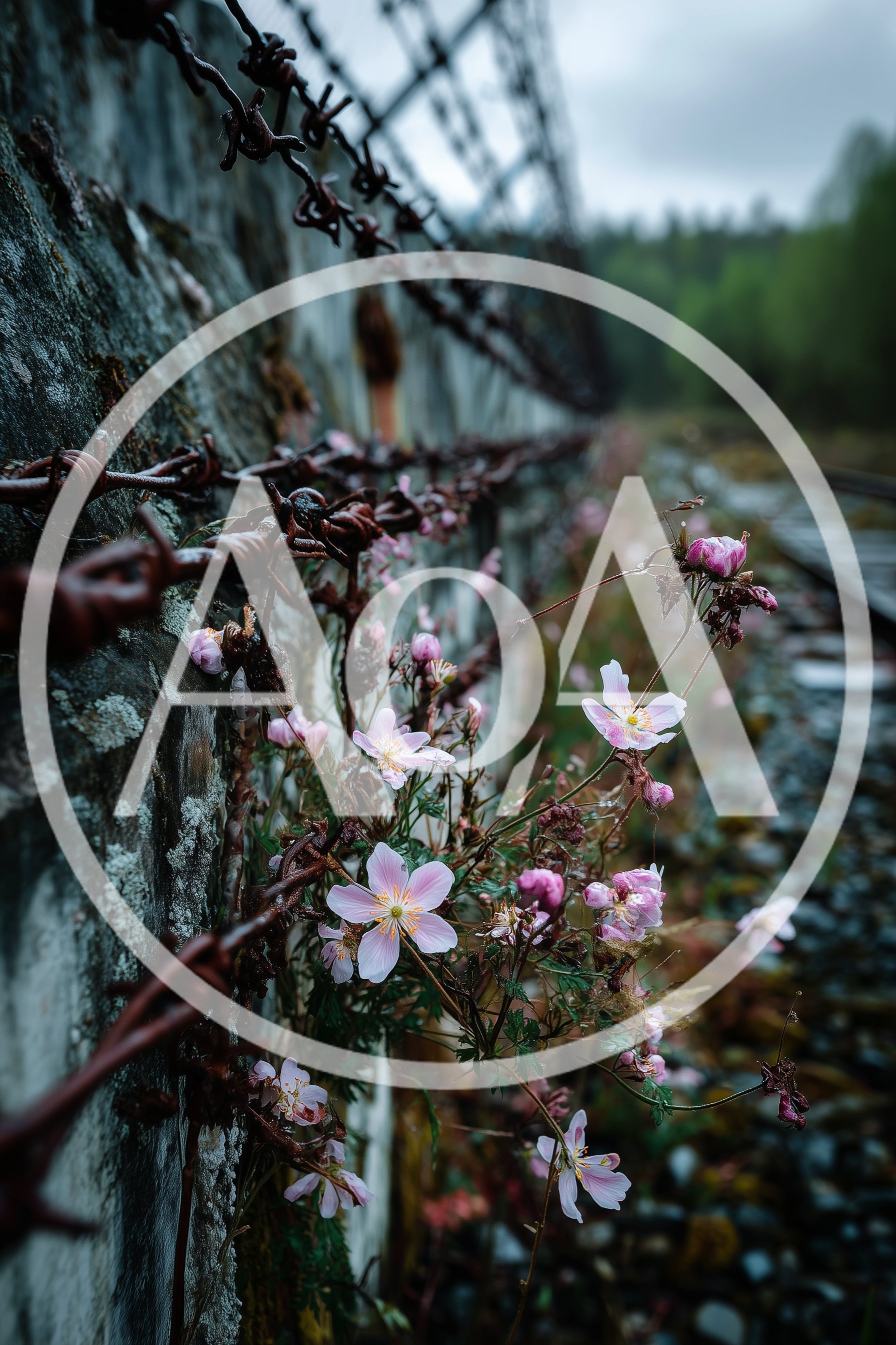 Pink Wildflowers Growing Through Rusty Barbed Wire Fence
