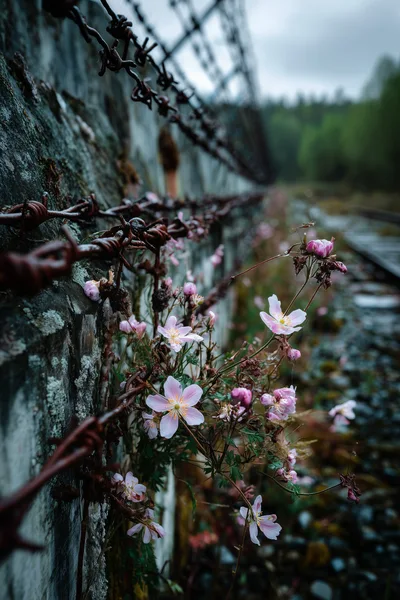 Pink Wildflowers Growing Through Rusted Barbed Wire Fence