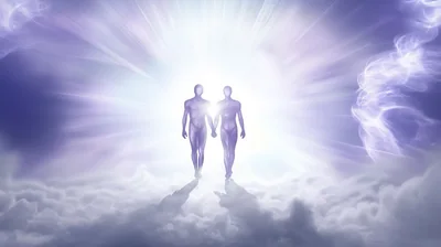 Two Ethereal Human Figures Walking Through Bright Light