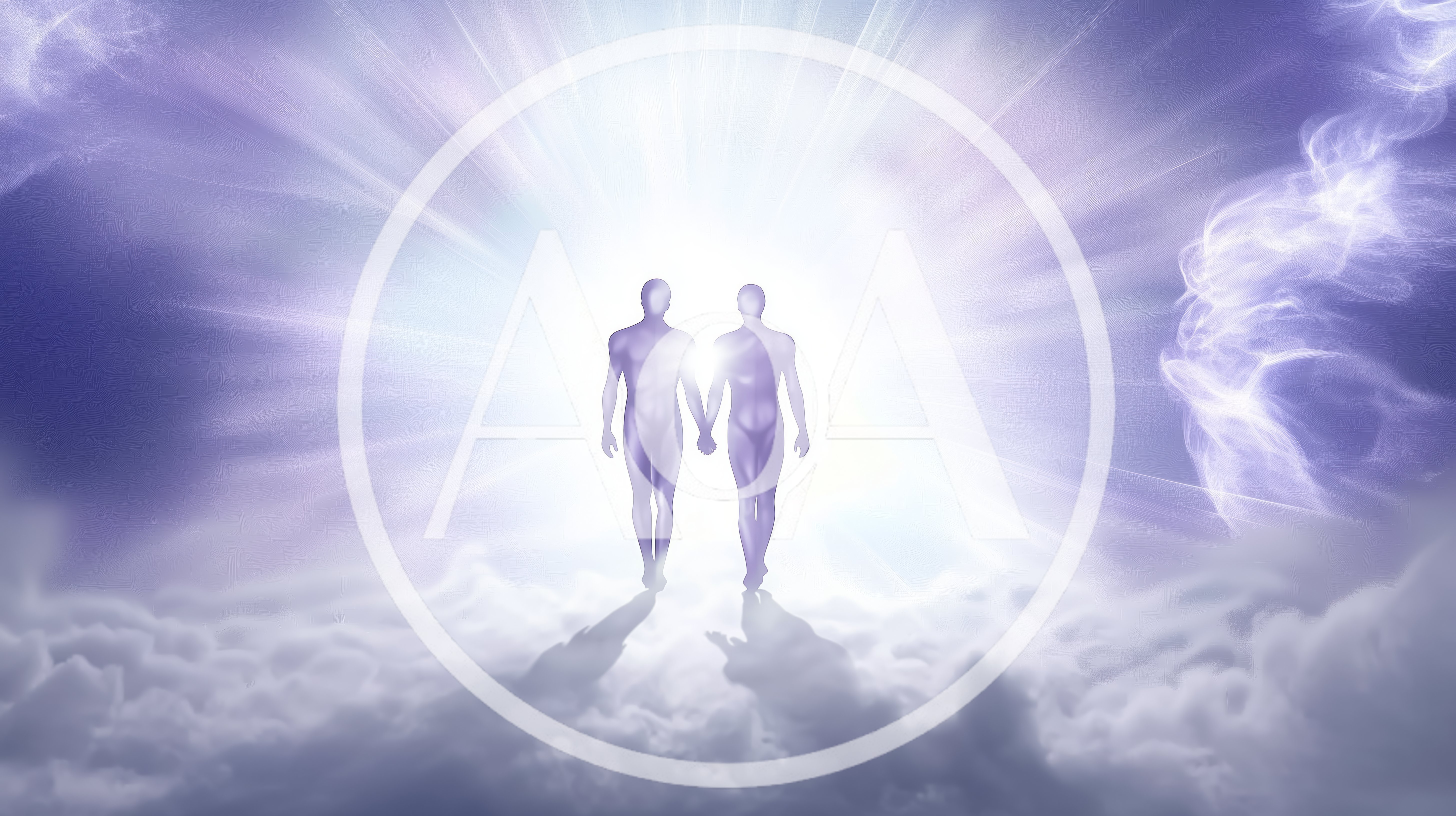 Two Ethereal Human Figures Walking Through Bright Light