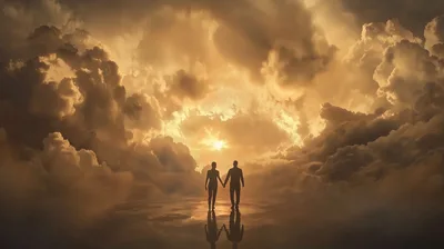 Silhouetted Couple Walking Hand In Hand Through Golden Clouds