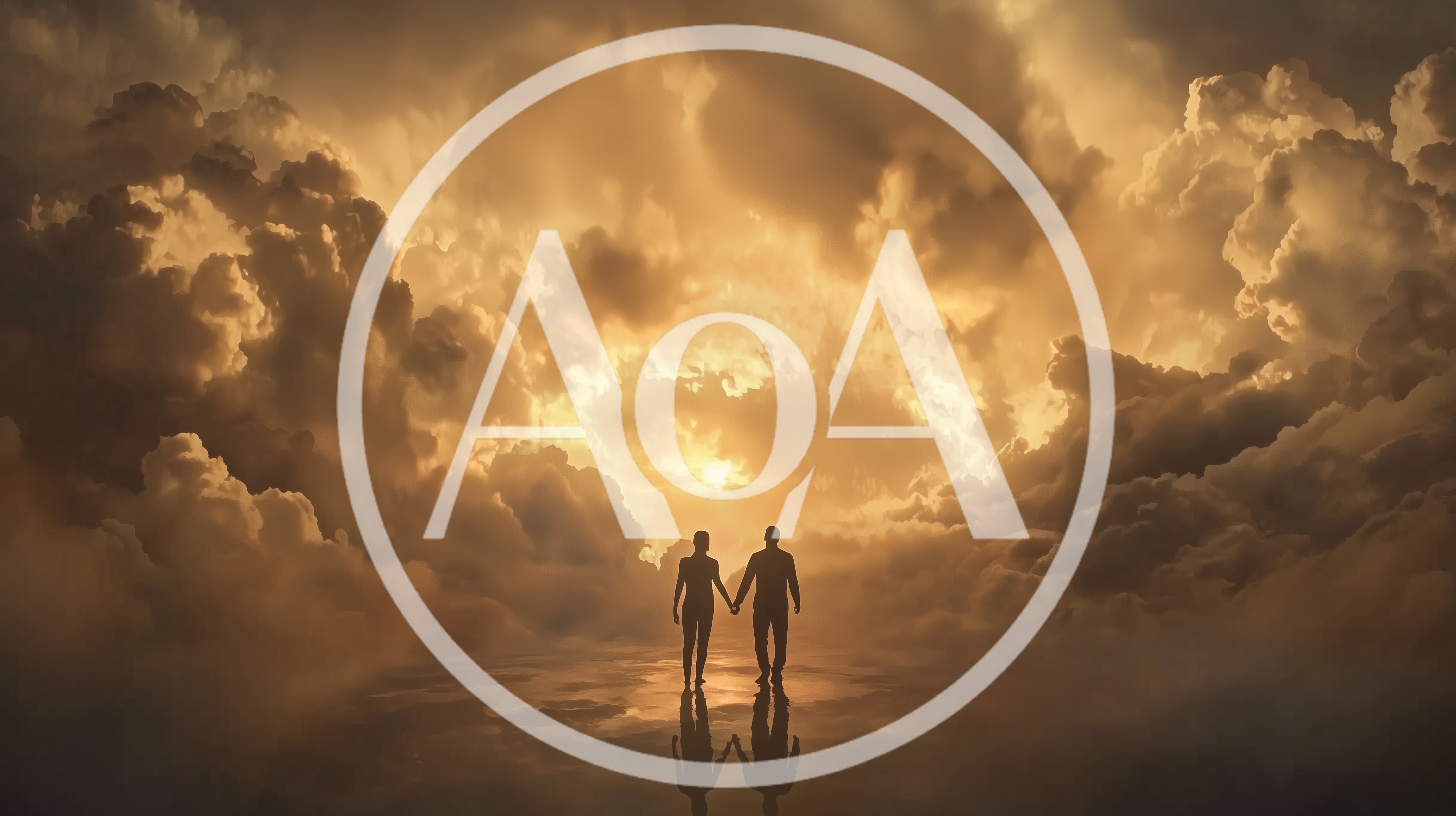 Silhouetted Couple Walking Hand In Hand Through Golden Clouds