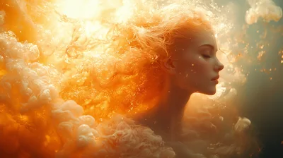 Ethereal Woman Floating In Golden Liquid Clouds