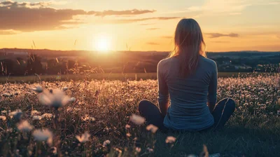 Woman Meditating In A Field At Sunset