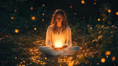 Woman Meditating With Glowing Light In Forest