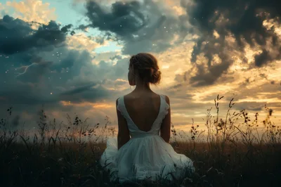 Woman In White Dress Sitting In A Meadow At Sunset