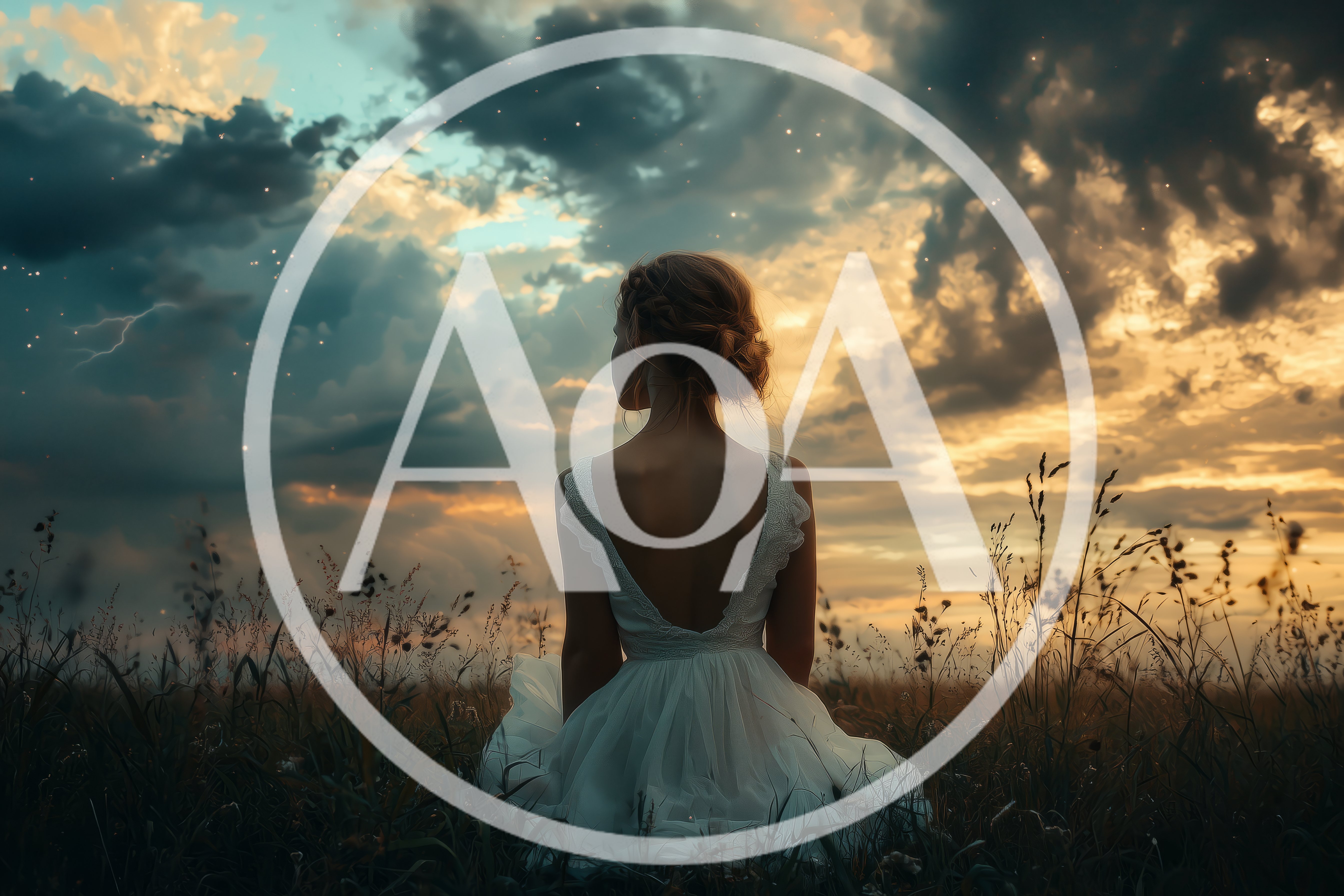 Woman In White Dress Sitting In A Meadow At Sunset