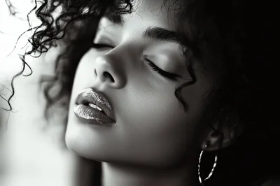Close Up Portrait Of A Beautiful Woman With Curly Hair