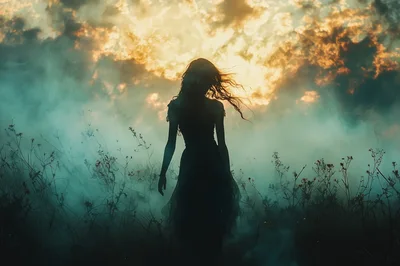 Silhouette Of A Woman Standing In Misty Field