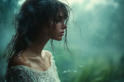 Young Woman Standing Outside In The Rain