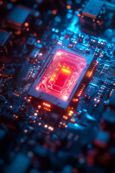 Glowing Red Processor Chip On Computer Circuit Board