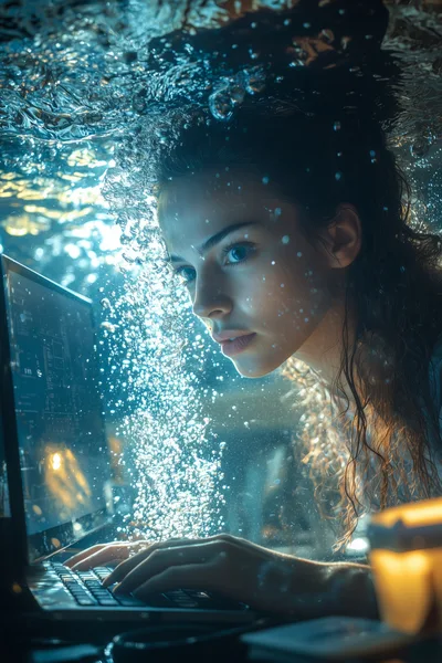 Woman Using Laptop Underwater With Bubbles
