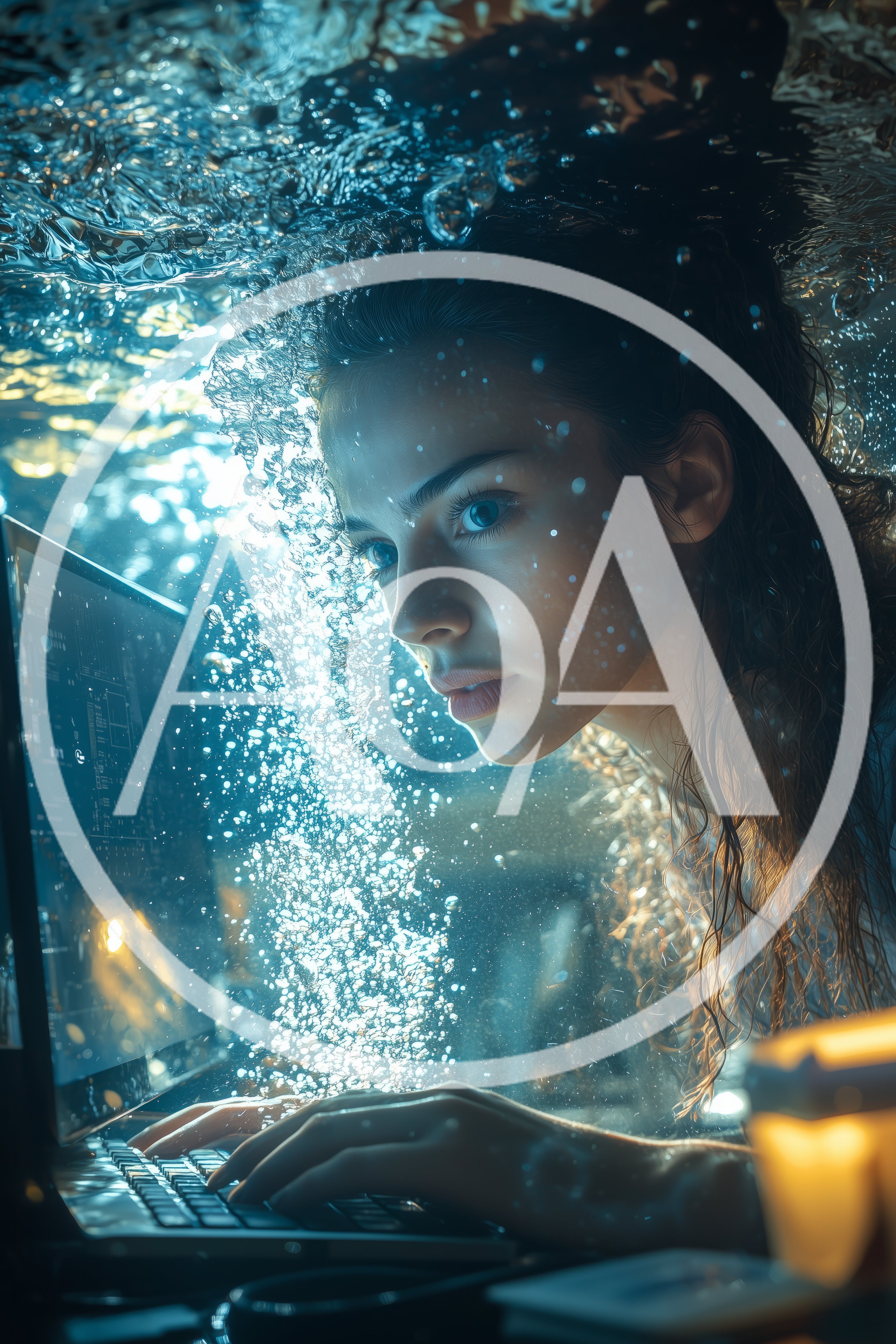 Woman Using Laptop Underwater With Bubbles