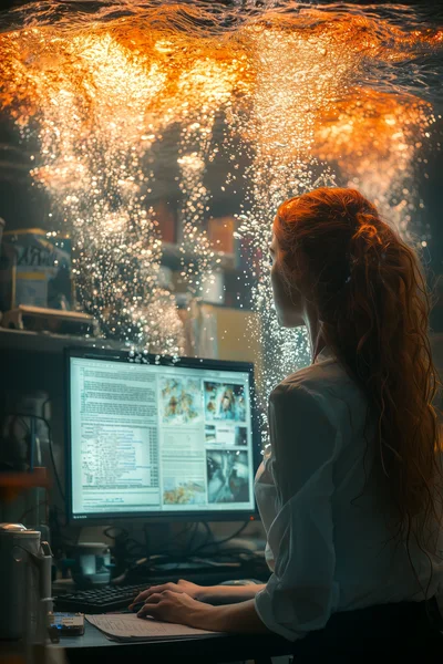 Woman Working At Computer Underneath Glowing Underwater Surface