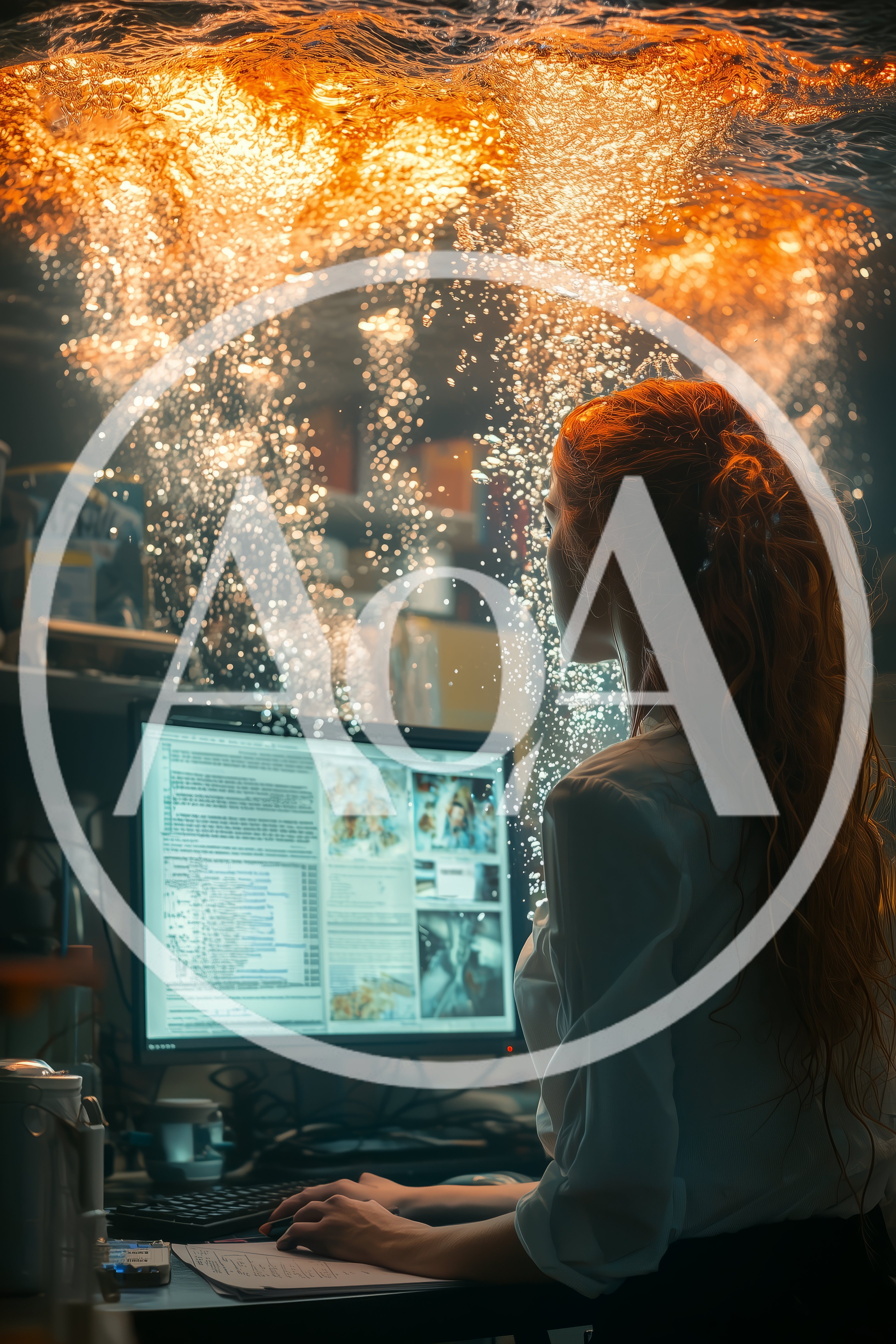 Woman Working At Computer Underneath Glowing Underwater Surface